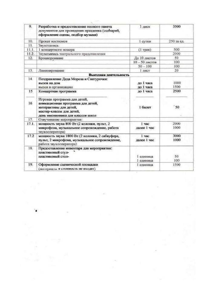 Прейскурант цен на предоставляемые платные услуги МКУК «Заволжский ГДК» (действует с 01.01.2020)