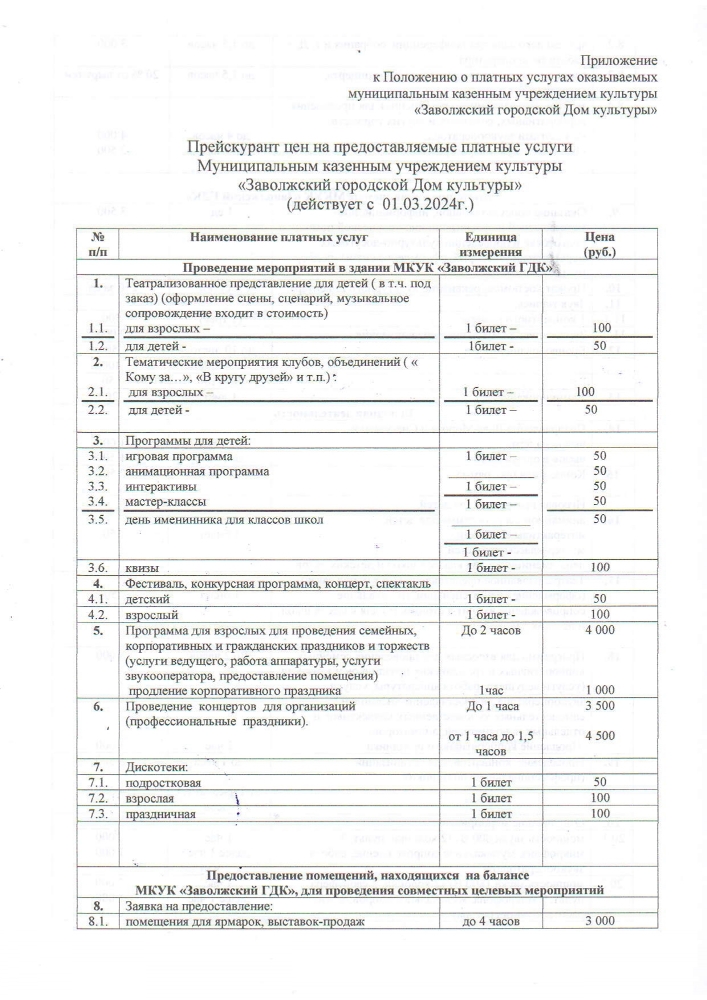 Прейскурант цен на предоставляемые платные услуги МКУК «Заволжский ГДК» (действует с 01.03.2024)